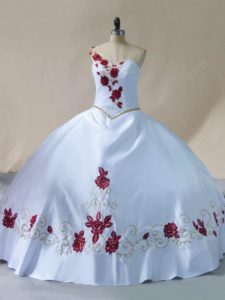 White Satin Lace Up One Shoulder Sleeveless Floor Length Quinceanera Gown Embroidery