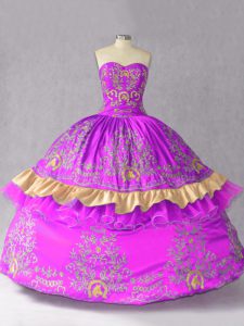Purple Sweetheart Neckline Embroidery and Bowknot Quinceanera Gown Sleeveless Lace Up