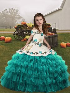 Perfect Floor Length Teal Little Girl Pageant Dress Straps Sleeveless Lace Up