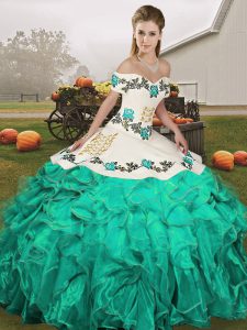 Turquoise Ball Gowns Off The Shoulder Sleeveless Organza Floor Length Lace Up Embroidery and Ruffles Ball Gown Prom Dress