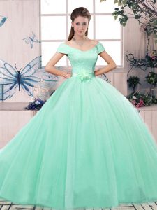 High End Apple Green Quinceanera Gowns Military Ball and Sweet 16 and Quinceanera with Lace and Hand Made Flower Off The Shoulder Short Sleeves Lace Up