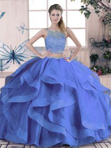 Modern Scoop Sleeveless Lace Up Quinceanera Gown Blue Tulle
