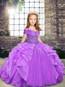 Floor Length Lace Up Kids Formal Wear Lavender for Party and Wedding Party with Beading and Ruffles