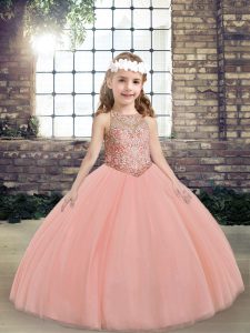 Charming Peach Pageant Gowns Party and Wedding Party with Beading Scoop Sleeveless Lace Up