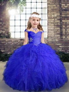 Excellent Straps Sleeveless Tulle Child Pageant Dress Beading and Ruffles Lace Up