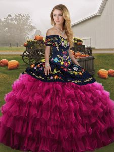 Glorious Fuchsia Sleeveless Organza Lace Up Quinceanera Dresses for Military Ball and Sweet 16 and Quinceanera