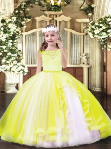 Yellow Ball Gowns Scoop Sleeveless Tulle Floor Length Zipper Lace Little Girls Pageant Dress