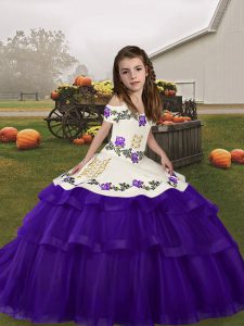 Purple Ball Gowns Straps Sleeveless Tulle Floor Length Lace Up Embroidery and Ruffled Layers High School Pageant Dress