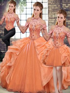 Beading and Ruffles Vestidos de Quinceanera Orange Lace Up Sleeveless Floor Length