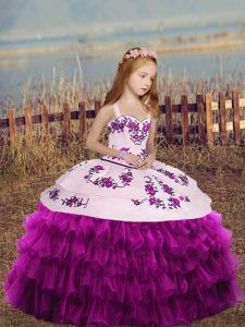 Fuchsia Ball Gowns Organza Straps Sleeveless Embroidery and Ruffled Layers and Bowknot Floor Length Lace Up Pageant Dress for Womens