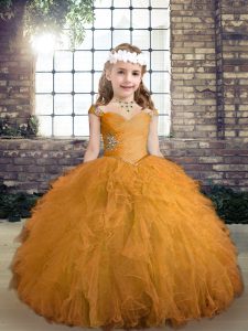 Tulle Straps Sleeveless Lace Up Beading and Ruffles Child Pageant Dress in Gold