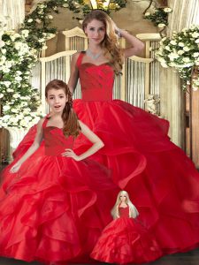 Captivating Floor Length Red Ball Gown Prom Dress Tulle Sleeveless Ruffles