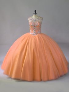 Custom Design Floor Length Orange Quinceanera Dress Tulle Sleeveless Beading