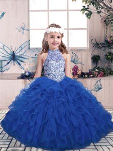 Attractive Floor Length Blue Pageant Dress for Womens High-neck Sleeveless Lace Up
