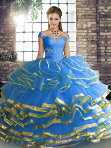 Shining Beading and Ruffled Layers Quinceanera Gown Blue Lace Up Sleeveless Floor Length