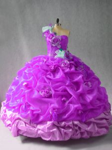 Purple One Shoulder Neckline Pick Ups and Hand Made Flower Quinceanera Gowns Sleeveless Lace Up
