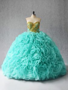 Custom Fit Aqua Blue Lace Up Sweetheart Beading and Ruffles Ball Gown Prom Dress Fabric With Rolling Flowers Sleeveless Court Train