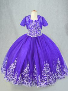 Pretty Sleeveless Floor Length Beading and Embroidery Lace Up Kids Formal Wear with Purple