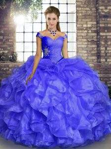 Hot Sale Floor Length Lavender Quince Ball Gowns Organza Sleeveless Beading and Ruffles