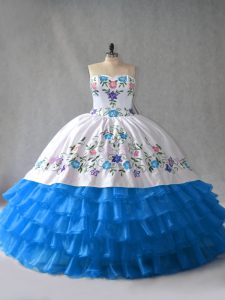 Blue And White Organza Lace Up Sweet 16 Quinceanera Dress Sleeveless Floor Length Embroidery and Ruffled Layers