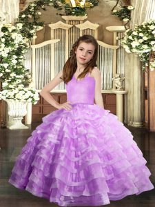 Lavender Organza Lace Up Straps Sleeveless Floor Length Little Girls Pageant Dress Wholesale Ruffled Layers