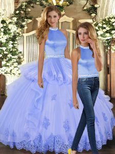 Lavender Tulle Backless Halter Top Sleeveless Floor Length 15 Quinceanera Dress Beading and Appliques
