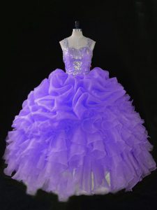 Beading and Ruffles and Pick Ups 15th Birthday Dress Lavender Zipper Sleeveless Floor Length