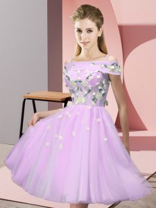 Knee Length Lace Up Quinceanera Court of Honor Dress Lilac for Wedding Party with Appliques