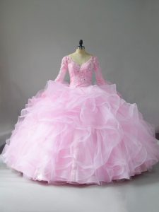 Pink Tulle Lace Up V-neck Long Sleeves Floor Length Quince Ball Gowns Lace and Ruffles