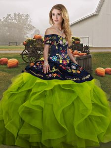 Captivating Sleeveless Floor Length Embroidery and Ruffles Lace Up Quinceanera Gowns with Yellow Green