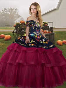 Fuchsia Lace Up Quinceanera Gowns Embroidery and Ruffled Layers Sleeveless Brush Train