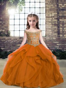 Sleeveless Organza and Tulle Floor Length Lace Up Winning Pageant Gowns in Orange with Beading