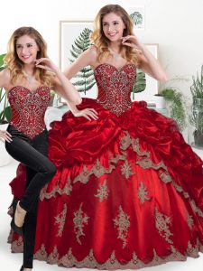 Luxurious Wine Red Organza Lace Up Sweetheart Sleeveless Floor Length Vestidos de Quinceanera Beading and Appliques and Pick Ups