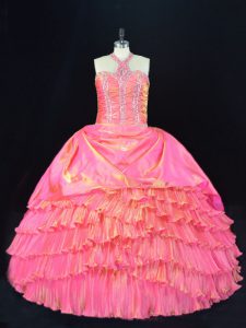 Great Organza Halter Top Sleeveless Lace Up Beading and Ruffled Layers Ball Gown Prom Dress in Pink