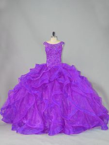 Purple Ball Gowns Beading and Ruffles Quinceanera Gown Lace Up Organza Sleeveless