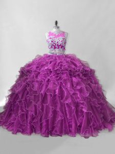 Fuchsia Two Pieces Scoop Sleeveless Organza Brush Train Zipper Beading and Ruffles Quince Ball Gowns
