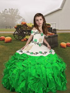 Charming Sleeveless Floor Length Embroidery and Ruffles Lace Up Child Pageant Dress with Green