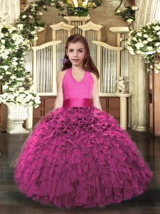 Hot Pink Ball Gowns Halter Top Sleeveless Organza Floor Length Lace Up Ruffles Little Girl Pageant Dress