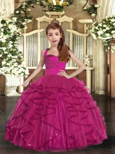 Fuchsia Little Girls Pageant Gowns Party and Wedding Party with Ruffles Straps Sleeveless Lace Up