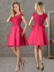 Best Selling Red A-line Lace Court Dresses for Sweet 16 Zipper Satin Short Sleeves Mini Length