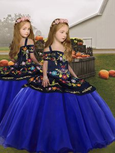 High Class Royal Blue Lace Up Little Girl Pageant Gowns Embroidery and Ruffles Sleeveless Floor Length