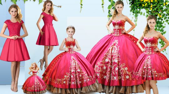 Hot Pink Ball Gowns Embroidery Quinceanera Dress Lace Up Satin Sleeveless Floor Length