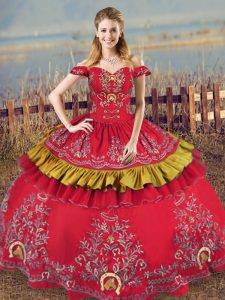 Inexpensive Red Satin and Organza Lace Up Off The Shoulder Sleeveless Floor Length Sweet 16 Dress Embroidery