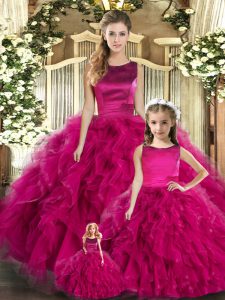 Sophisticated Fuchsia Ball Gowns Tulle Scoop Sleeveless Ruffles Floor Length Lace Up Quinceanera Gowns
