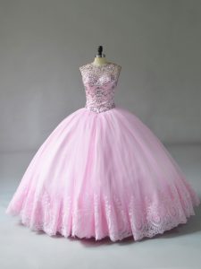 Gorgeous Ball Gowns Quinceanera Dress Baby Pink Scoop Tulle Sleeveless Floor Length Lace Up