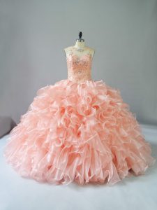 Decent Peach Sleeveless Organza Lace Up Sweet 16 Dress for Sweet 16 and Quinceanera