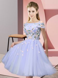 Custom Fit Short Sleeves Tulle Knee Length Lace Up Court Dresses for Sweet 16 in Lavender with Appliques