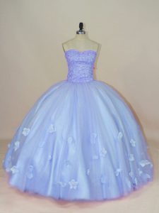 Lavender Ball Gowns Tulle Sweetheart Sleeveless Beading and Hand Made Flower Floor Length Side Zipper 15th Birthday Dress