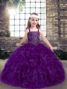 Eggplant Purple Straps Lace Up Beading and Ruffles Little Girl Pageant Dress Sleeveless