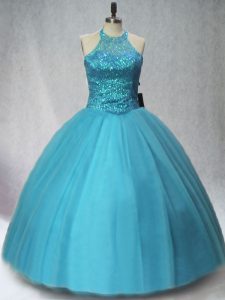 Halter Top Sleeveless Lace Up Sweet 16 Dress Teal Tulle
